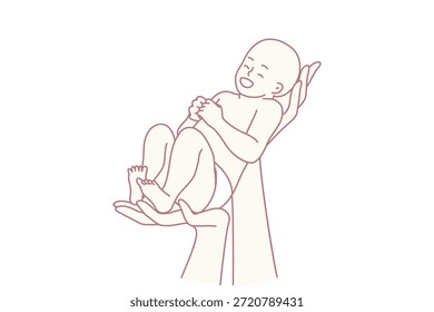 Close-up of hands holding smiling cute newborn baby. Parent with child infant excited about parenthood. Childbirth concept. Vector illustration.