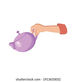 Close-up of hands holding a teapot. Cute ceramic pink teapot for tea or tea drink. Vector line style illustration. Isolated over white background. Cooking utensils. Tea party concept.