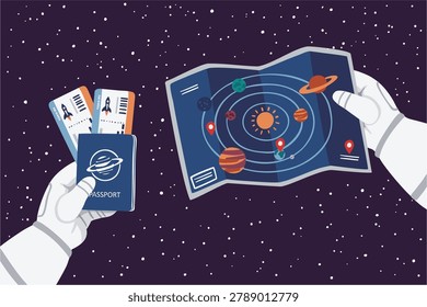 Close-up of an astronaut’s hands holding a travel map and an intergalactic tourist passport with tickets. Concept of space tourism, futuristic travel, and exploration beyond Earth.
