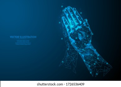 Close-up hands of a man pressed palm to each other. Prayer pose. Concept of religion, faith, yoga, help. Greeting with a gesture of namaste. 3d low poly wireframe model isolated vector illustration.