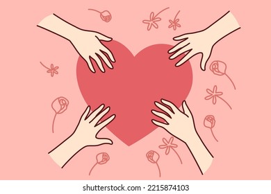 Close-up of hands near heart sign share love and care. Diverse people touching heart show affection and gratitude. Vector illustration. 
