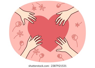 Close-up of hands near heart sign share love and care. Diverse people touching heart show affection and gratitude. Vector illustration.