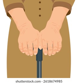 Closeup of hands of an old woman with a walking stick for balance and support. An unrecognizable senior person holding a cane for orthopedic care in a nursing or retirement home for the elderly