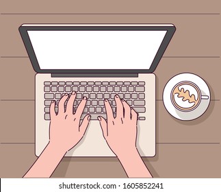 Close-up of hands typing the keyboard of a laptop at the table. There is a coffee mug next to it. Top view shot. hand drawn style vector design illustrations. 