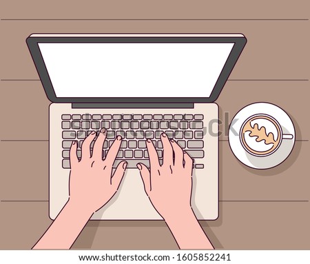 Close-up of hands typing the keyboard of a laptop at the table. There is a coffee mug next to it. Top view shot. hand drawn style vector design illustrations. 