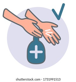 Close-up hands using antiseptic. Concept measure to prevent coronavirus spreading during quarantine time 2019nCoV virus protection.Stock vector cartoon illustrations isolated on white background.