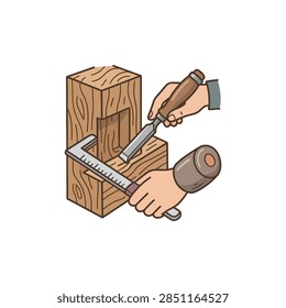 Close-up of hands using a chisel and marking gauge on a wooden block