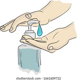 Nahaufnahme mit Hand-Sanitisierer-Gel-Dispenser Vektorillustration Skizze  Skizze handgezeichnet einzeln auf weißem Hintergrund