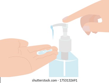 Close-up hands using hand sanitizer gel pump small bottle dispenser. Vector flat illustration