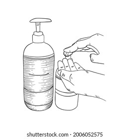 Close-up Hands using hand sanitizer gel pump dispenser with hand drawn, sketch style vector illustration. 