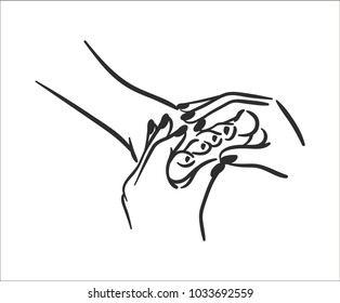 Closeup of hands of a young woman with manicure and pedicure vector illustration on nails against white background.