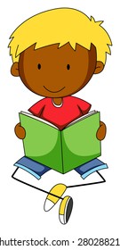 Closeup happy boy reading book alone