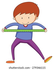 Closeup happy boy with ruler measuring something