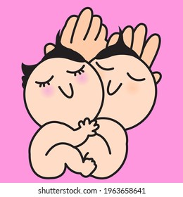 Closeup Of Happy Cute Newborn Twin Baby Girl And Boy Into Parents Hands Concept Card Character illustration