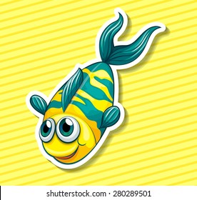 Closeup happy fish swiming on yellow background