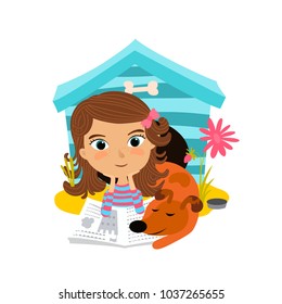Closeup of a happy girl reading with dog