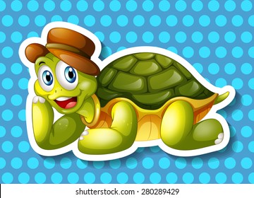 Closeup happy turtle on blue background