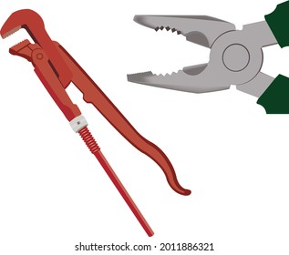 close-up hardware jaws of a pliers and pipe wrench pliers