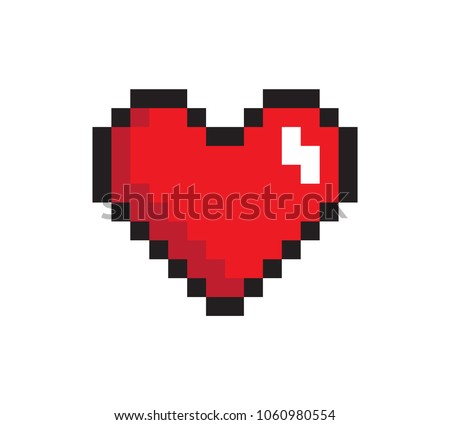 Closeup heart, pixel icon, vector illustration isolated on white background, cute red pixel logo with black frame, abstract reflection, digital image