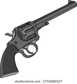Um close-up, tiro de ângulo alto de uma pistola revólver preto, colocado contra um fundo branco, preenche a maioria da moldura. A pistola é orientada diagonalmente a partir do canto inferior esquerdo para o canto superior direito, mostrando sua distinção
