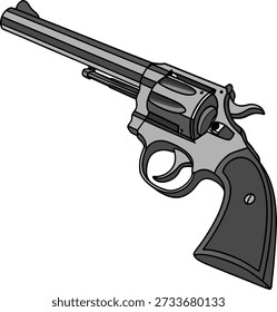 Um close-up, tiro de ângulo alto de uma pistola revólver preto, colocado contra um fundo branco, preenche a maioria da moldura. A pistola é orientada diagonalmente a partir do canto inferior esquerdo para o canto superior direito, mostrando sua distinção