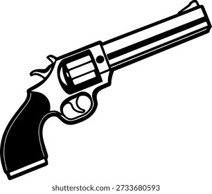 Um close-up, tiro de ângulo alto de uma pistola revólver preto, colocado contra um fundo branco, preenche a maioria da moldura. A pistola é orientada diagonalmente a partir do canto inferior esquerdo para o canto superior direito, mostrando sua distinção