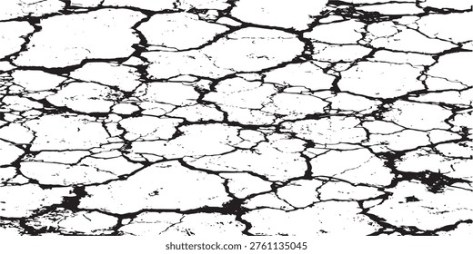A close-up, high-contrast black and white abstract pattern of cracked earth or dry mud.