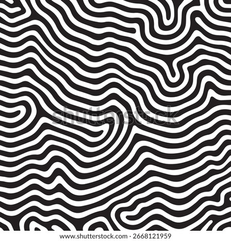 A close-up, high-contrast view of a complex organic pattern. Black and white lines flow and merge, resembling natural formations like fingerprints or cellular structures.