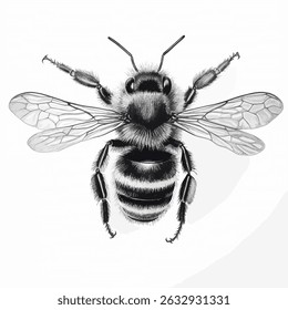 A close-up, highly detailed, black and white illustration of a honey bee showing its complex and unique features. Abstract vector illustration.