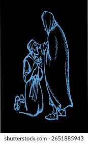 Closeup santo santo idade judeu sagrado messias Senhor juiz perdoar cara cara cara cara pegar braço pedir esperança amor curar doente olho ouvido branco cena da vida. Linha preta desenhada igreja evangelho história retro católico arte esboço