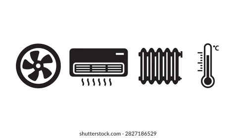 Close-up of home climate control devices featuring a fan, air conditioner, radiator, and thermometer for temperature regulation and comfort.