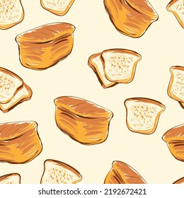 Close-up of homemade bread. Peasant square bread. Slices of bread. Homemade cakes. White bread. Hand drawing. Seamless background