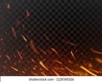 Close-up hot fiery sparkles and flame particles isolated spark. Inferno red yellow hell grill burning fire sparks and grill abstract flaming flakes wood logs light power energy dark vector background