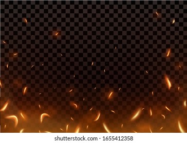 Close-up Hot Fiery Sparkles And Flame Particles Isolated On A Black Transparent Background.
