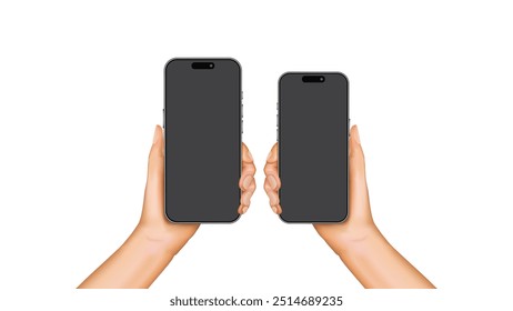 Close-Up of Human Hand Holding Modern Frameless Smartphone Mockup - Vector Illustration with Blank Screen on White Background.