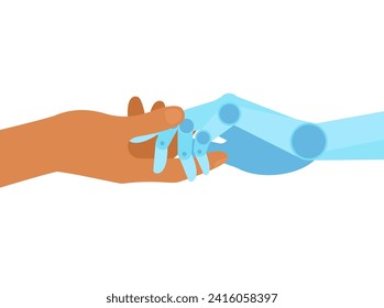 Close-up of a human hand and a robot hand touching, symbolizing the collaboration and partnership between humans and robots in technology. The concept of hand-in-hand technology.