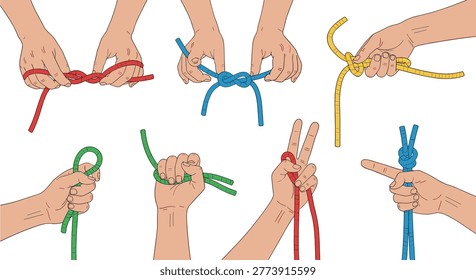 Close-up human hands illustrating distinct knot-tying techniques with red, blue, yellow, and green ropes in a didactic sequence.