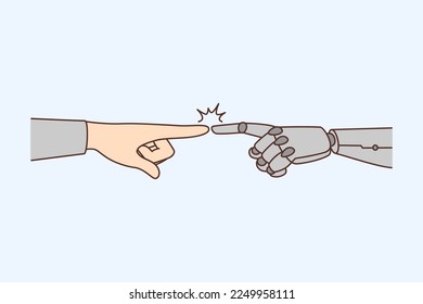 Closeup of human and robot touch join fingers. Concept of robotic machine and man interaction. Artificial intelligence and people. Modern technology. Vector illustration. 