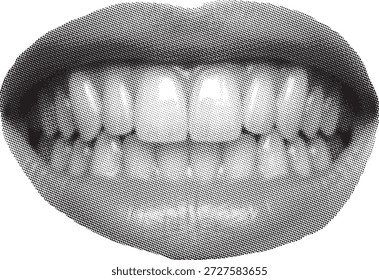 Close-up of human teeth and lips in a halftone pattern.