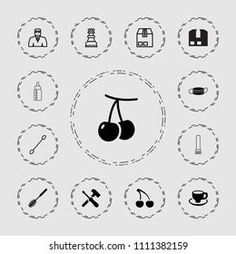 Closeup icon. collection of 13 closeup filled and outline icons such as cherry, toilet brush, coffee cup, medical mask, screwdriver. editable closeup icons for web and mobile.