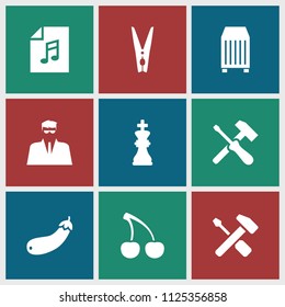 Closeup icon. collection of 9 closeup filled icons such as aubergine, cargo container, screwdriver, cloth pin, chess king. editable closeup icons for web and mobile.