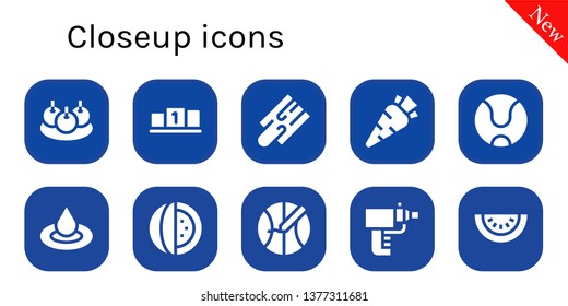 closeup icon set. 10 filled closeup icons.  Simple modern icons about  - Bitterballen, Position, Cutting board, Carrot, Tennis ball, Droplet, Watermelon, Basketball, Particle gun