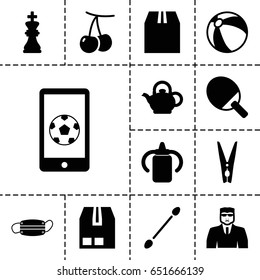 Closeup Icon. Set Of 13 Filled Closeupicons Such As Cherry, Baby Bottle, Beach Ball, Cotton Buds, Security Guy, Cargo Container, Medical Mask, Cloth Pin, Teapot