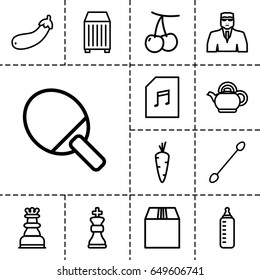 Closeup icon. set of 13 outline closeup icons such as carrot, cherry, baby bottle, cotton buds, security guy, aubergine, cargo container, memory card with music, teapot