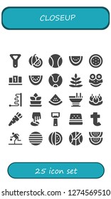  closeup icon set. 25 filled closeup icons. Simple modern icons about  - Bottle opener, Watermelon, Ball, Position, Tennis ball, Fern, Frog, Custard, Bitterballen, Carrot, Tumblr