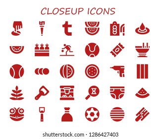  closeup icon set. 30 filled closeup icons. Simple modern icons about  - Position, Wooden leg, Tumblr, Watermelon, Cutting board, Droplet, Carrots, Basketball, Tennis ball, Sugar