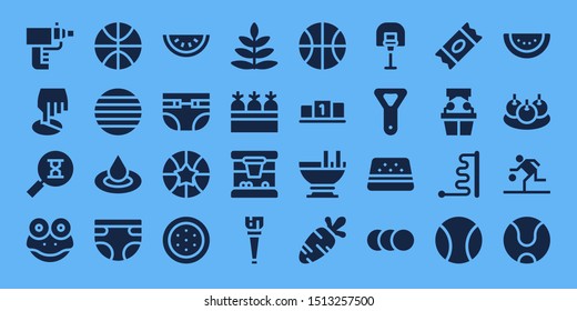 closeup icon set. 32 filled closeup icons. on blue background style Simple modern icons about  - Particle gun, Position, Sandclock, Frog, Basketball, Ball, Droplet, Diaper, Watermelon