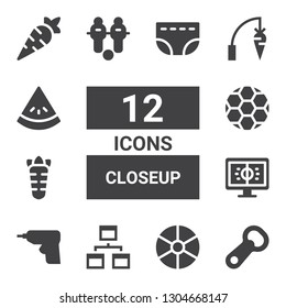 closeup icon set. Collection of 12 filled closeup icons included Bottle opener, Ball, Workflow, Caulk gun, Football, Carrot, Watermelon, Diaper