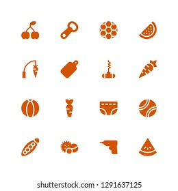closeup icon set. Collection of 16 filled closeup icons included Watermelon, Caulk gun, Balls, Peas, Tennis ball, Diaper, Carrot, Ball, Bottle opener, Cutting board, Cherry