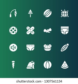 closeup icon set. Collection of 16 filled closeup icons included Watermelon, Ball, Frog, Carrot, Peas, Diaper, Volume adjustment, Tongue depressor